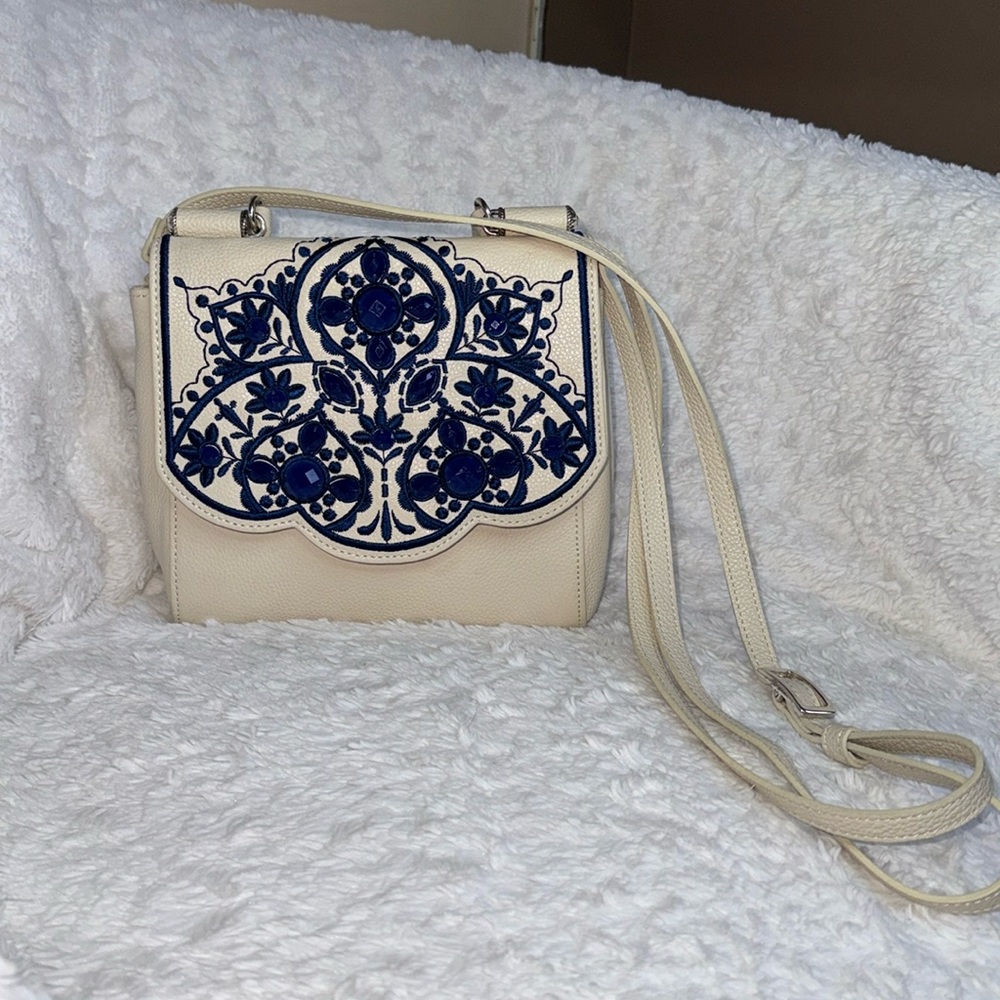 Brighton “MEENA” Cream Blue Jewel Leather Top-Handle Leather Crossbody P… - Picture 2 of 12